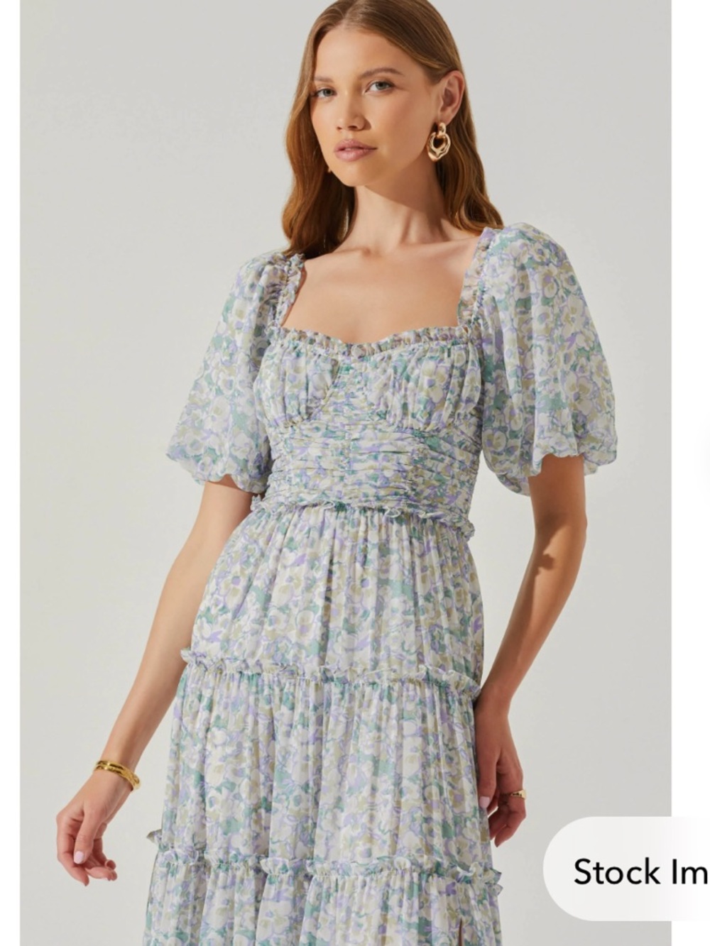 Astr Pastel Floral Puff-Sleeve Midi Dress - Light Blue & Lilac - Picture 3 of 9